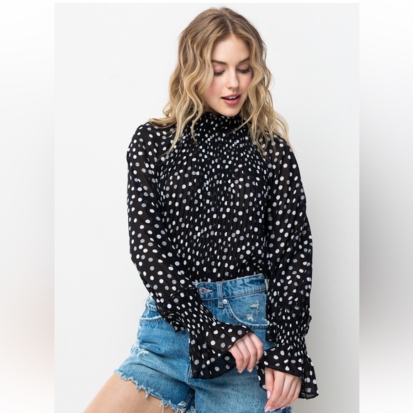 ShopEvelynne Tops - 27 Polka Dot Pleated Long Sleeve Blouse Top